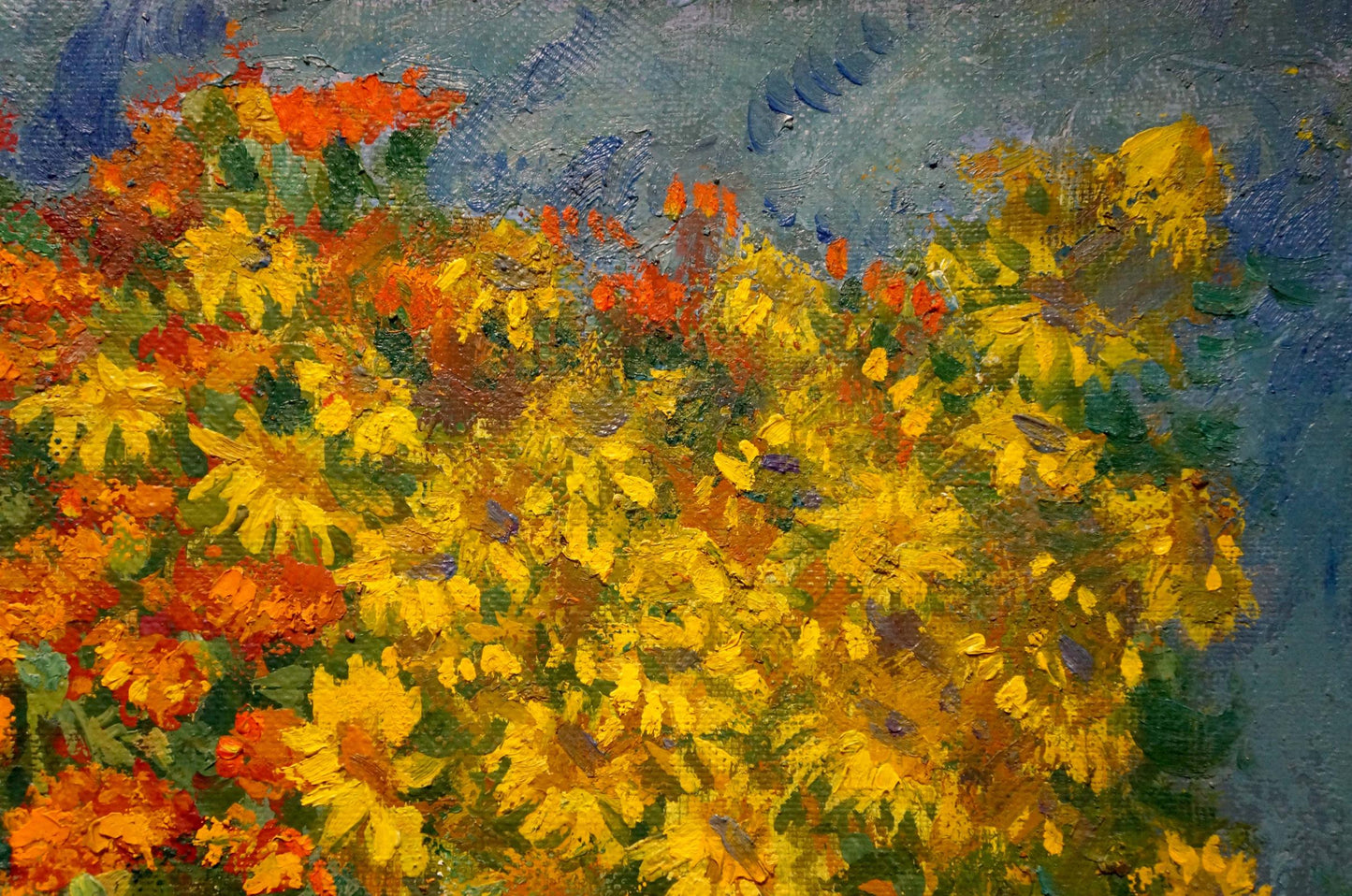 Vibrant oil painting by Minka Alexander Fedorovich: yellow orange flowers on blue-gray background