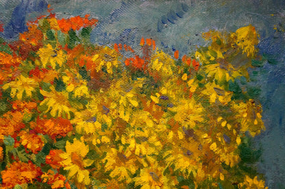 Vibrant oil painting by Minka Alexander Fedorovich: yellow orange flowers on blue-gray background