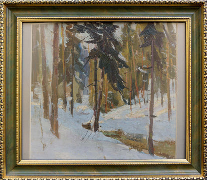 Oil painting of snowy forest landscape in ornate gold green frame