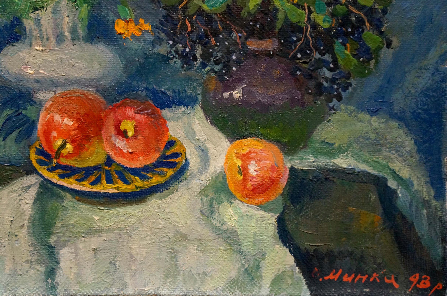 Oil painting by Minka Alexander Fedorovich: two red apples on patterned plate