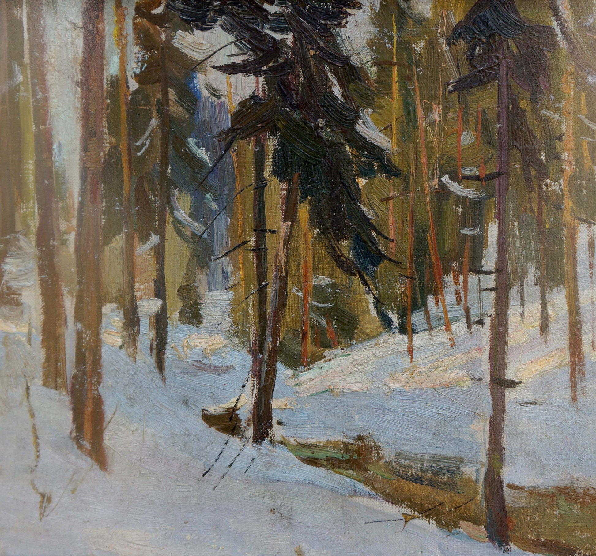 Oil painting of snowy forest landscape with tall slender trees