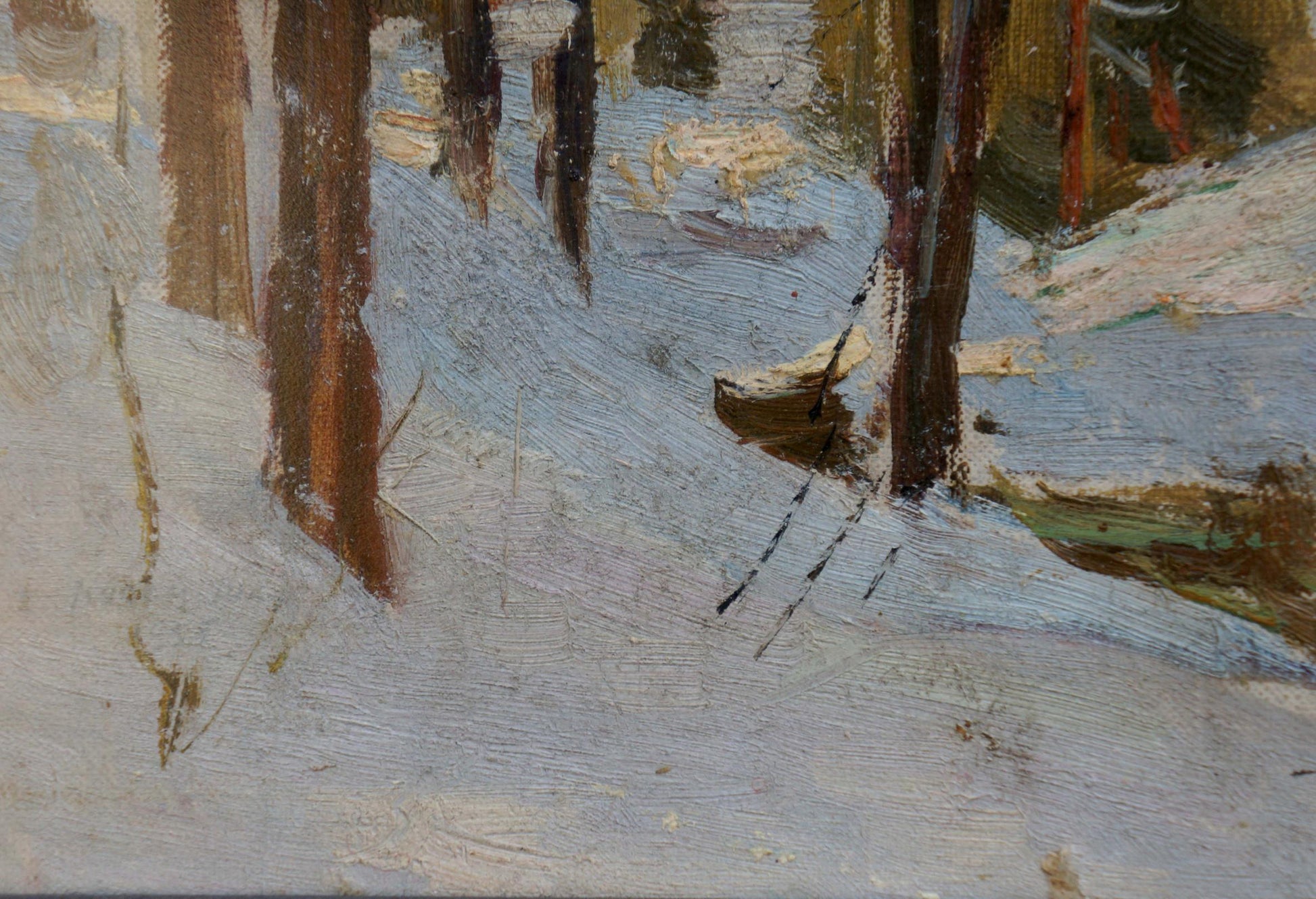 Oil painting of textured snowy forest landscape with tall brown trunks
