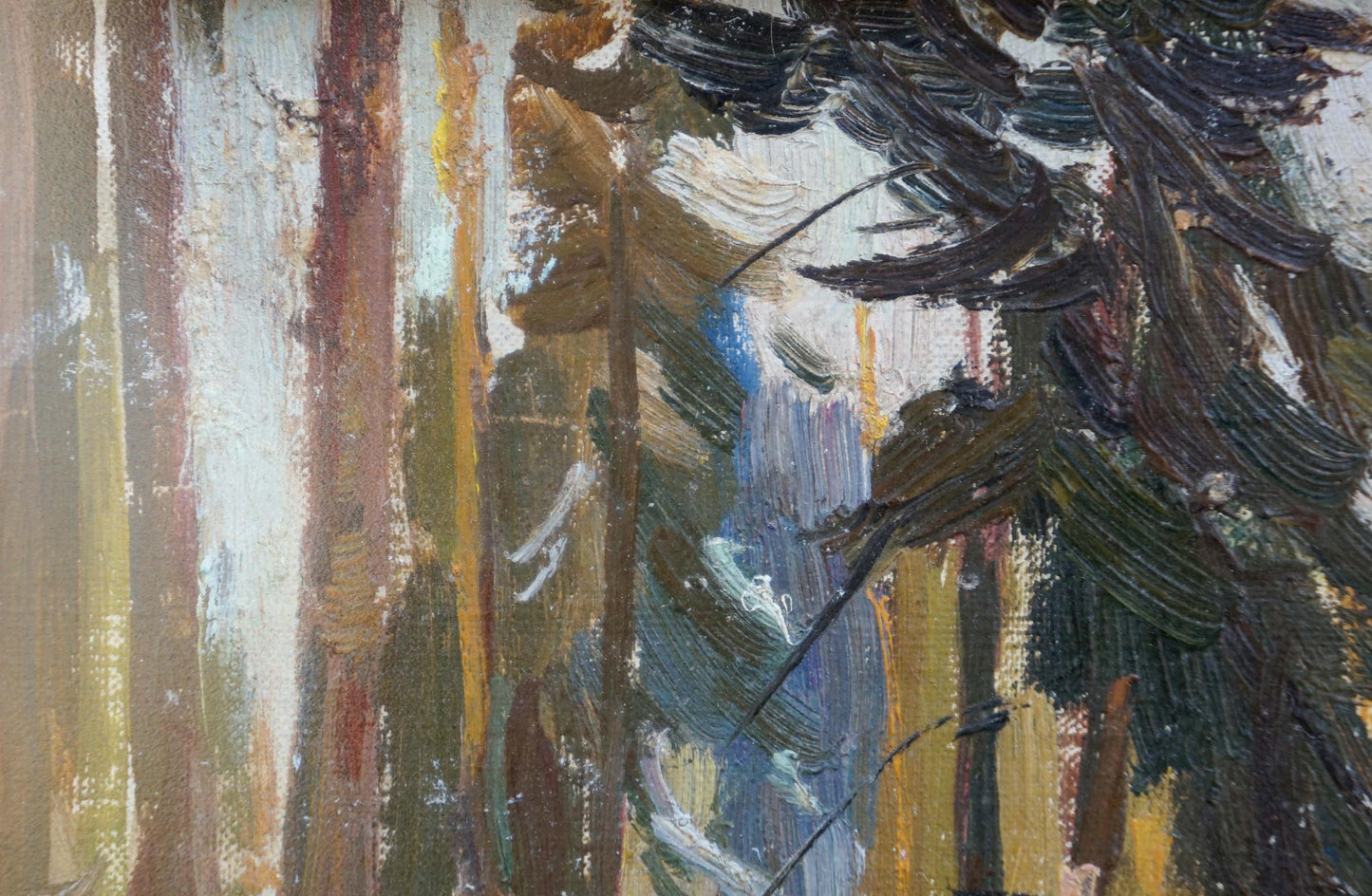 Oil painting landscape in the forest with thick textured brushstrokes