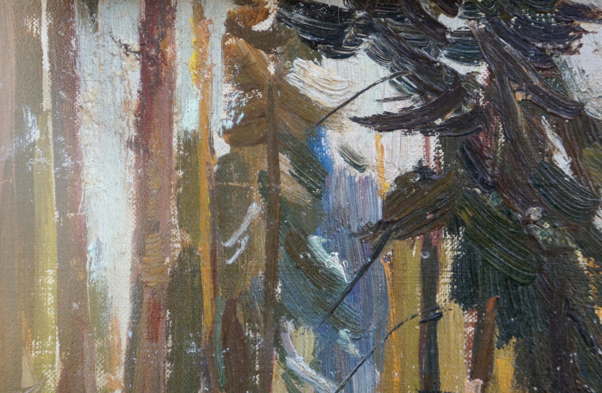 Oil painting landscape in the forest with thick textured brushstrokes