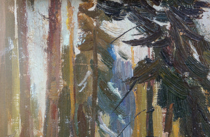 Oil painting landscape in the forest with thick textured brushstrokes