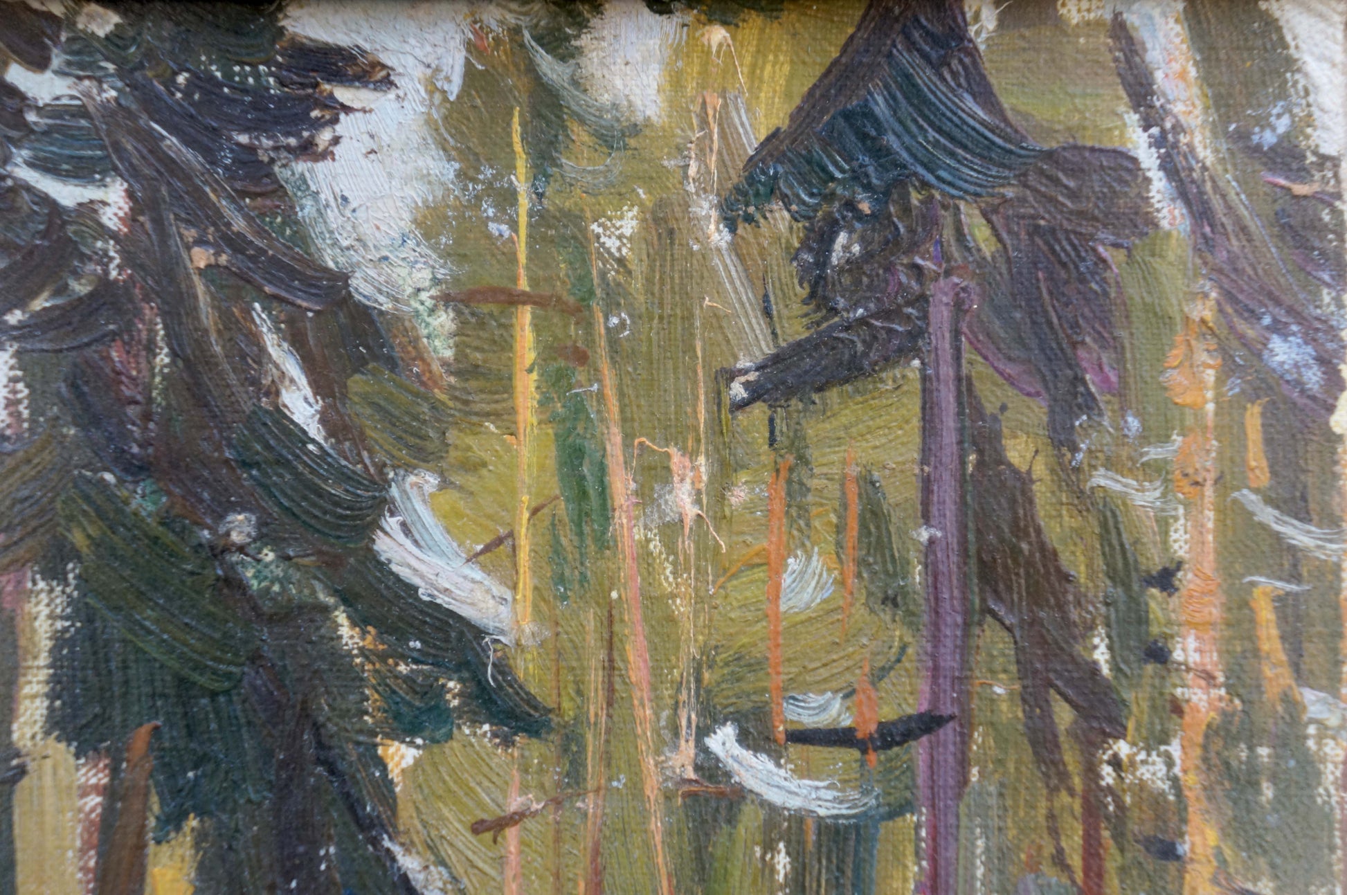Oil painting landscape in the forest with bold textured green yellow brown strokes