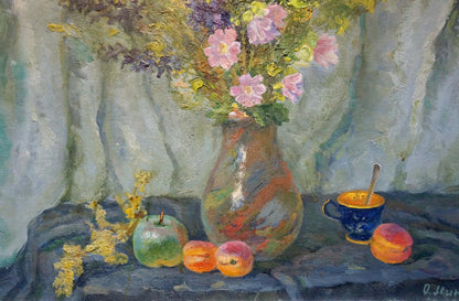 Oil painting of Autumn flowers in earth-toned vase by Minka Alexander Fedorovich