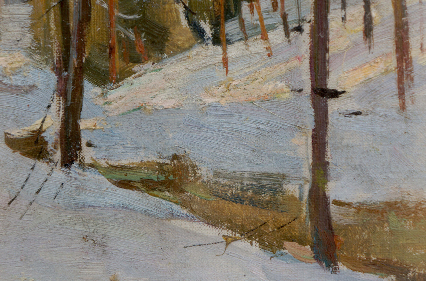 Oil painting of snowy forest landscape with tall slender trees
