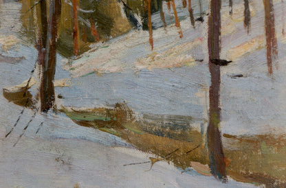 Oil painting of snowy forest landscape with tall slender trees