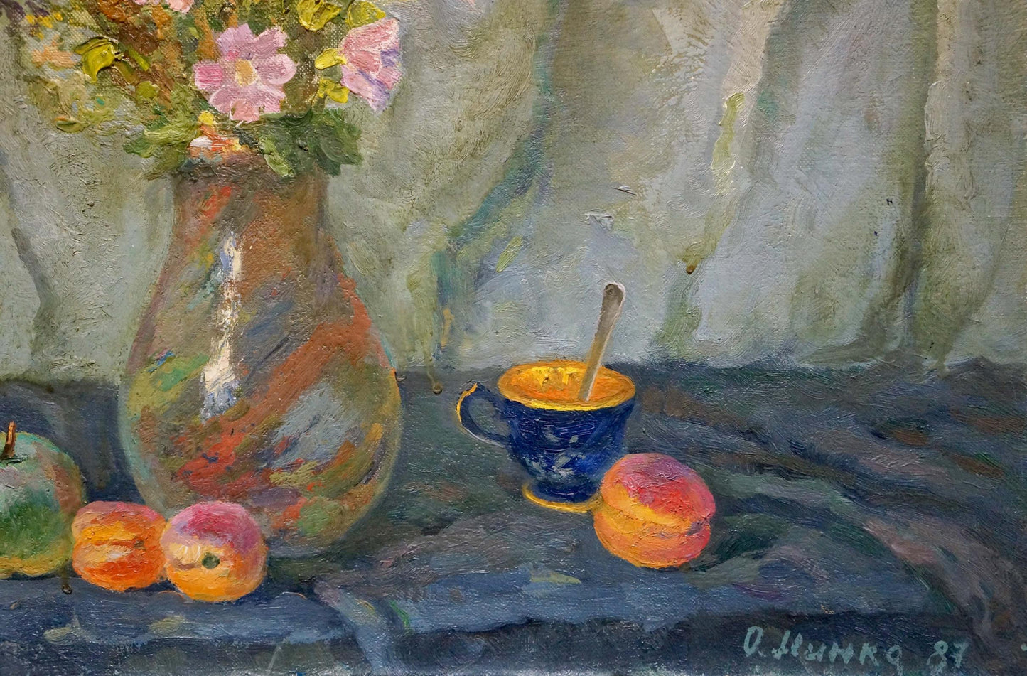 Oil painting of Autumn flowers in painted glass vase by Minka Alexander Fedorovich