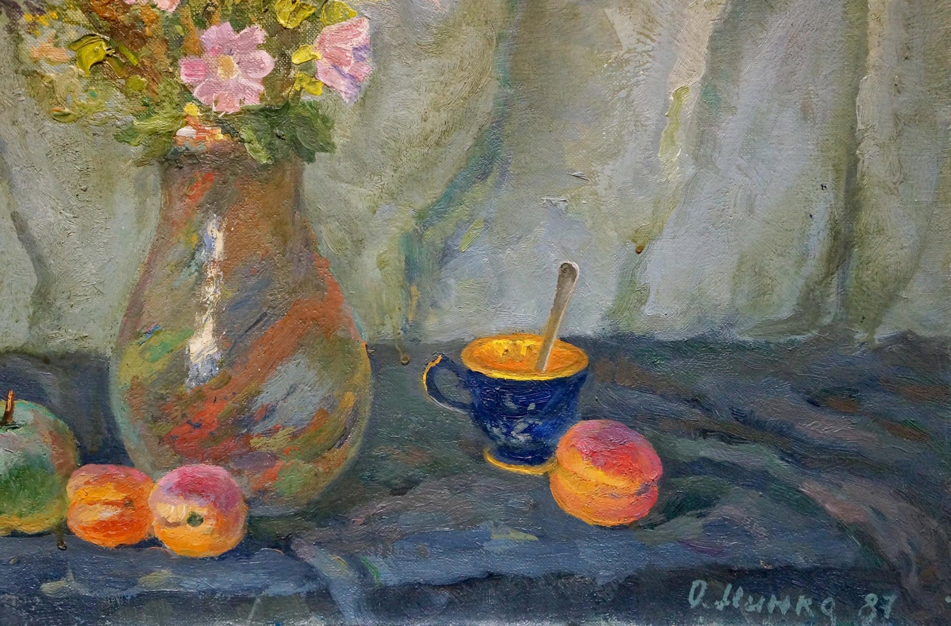 Oil painting of Autumn flowers in painted glass vase by Minka Alexander Fedorovich