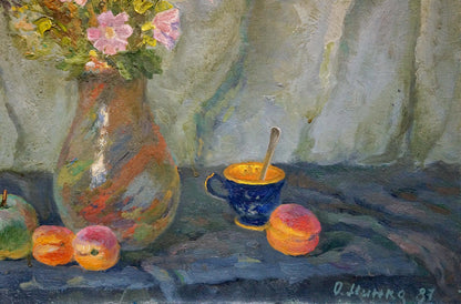 Oil painting of Autumn flowers in painted glass vase by Minka Alexander Fedorovich