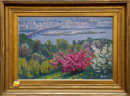 Oil painting of red apple tree by Matsievskaya Yadviga Aleksandrovna in gold frame