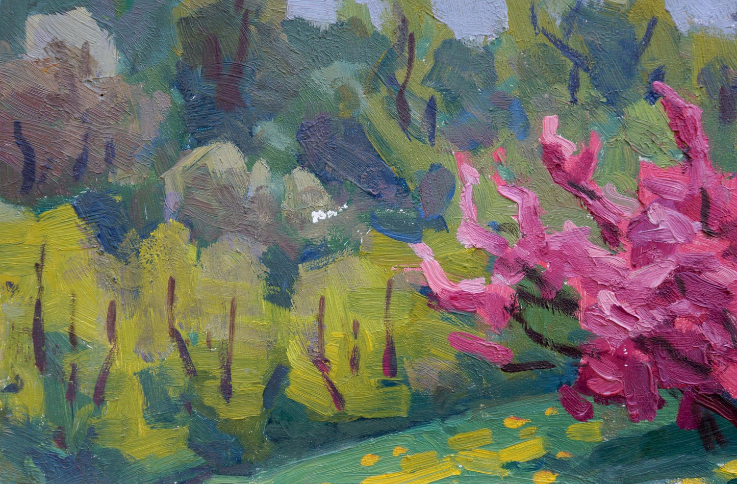 Oil painting of vibrant pink apple tree blossoms by Matsievskaya Yadviga Aleksandrovna