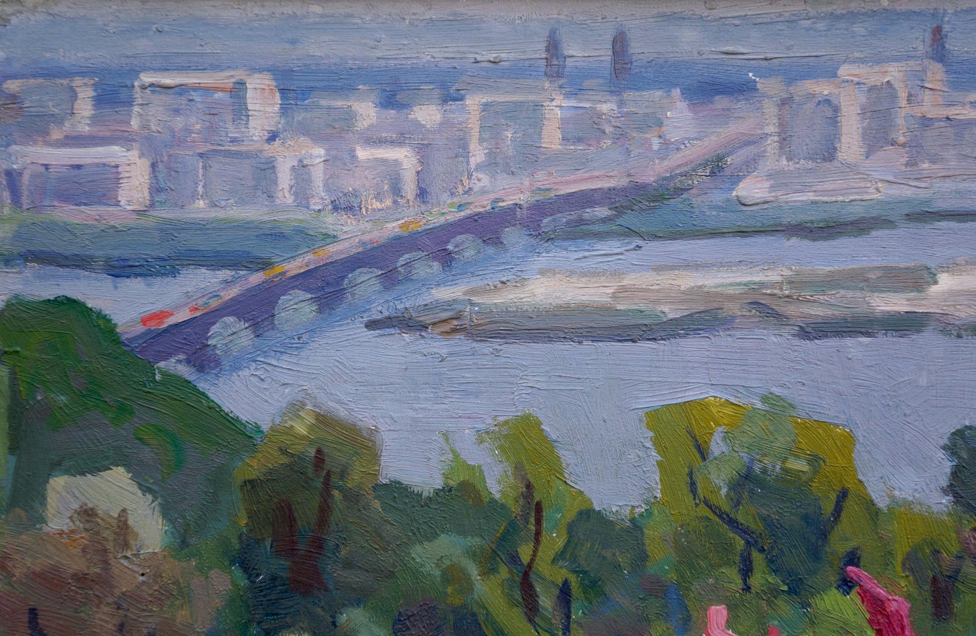 Impressionistic oil painting of painted bridge over river by Matsievskaya Yadviga Aleksandrovna