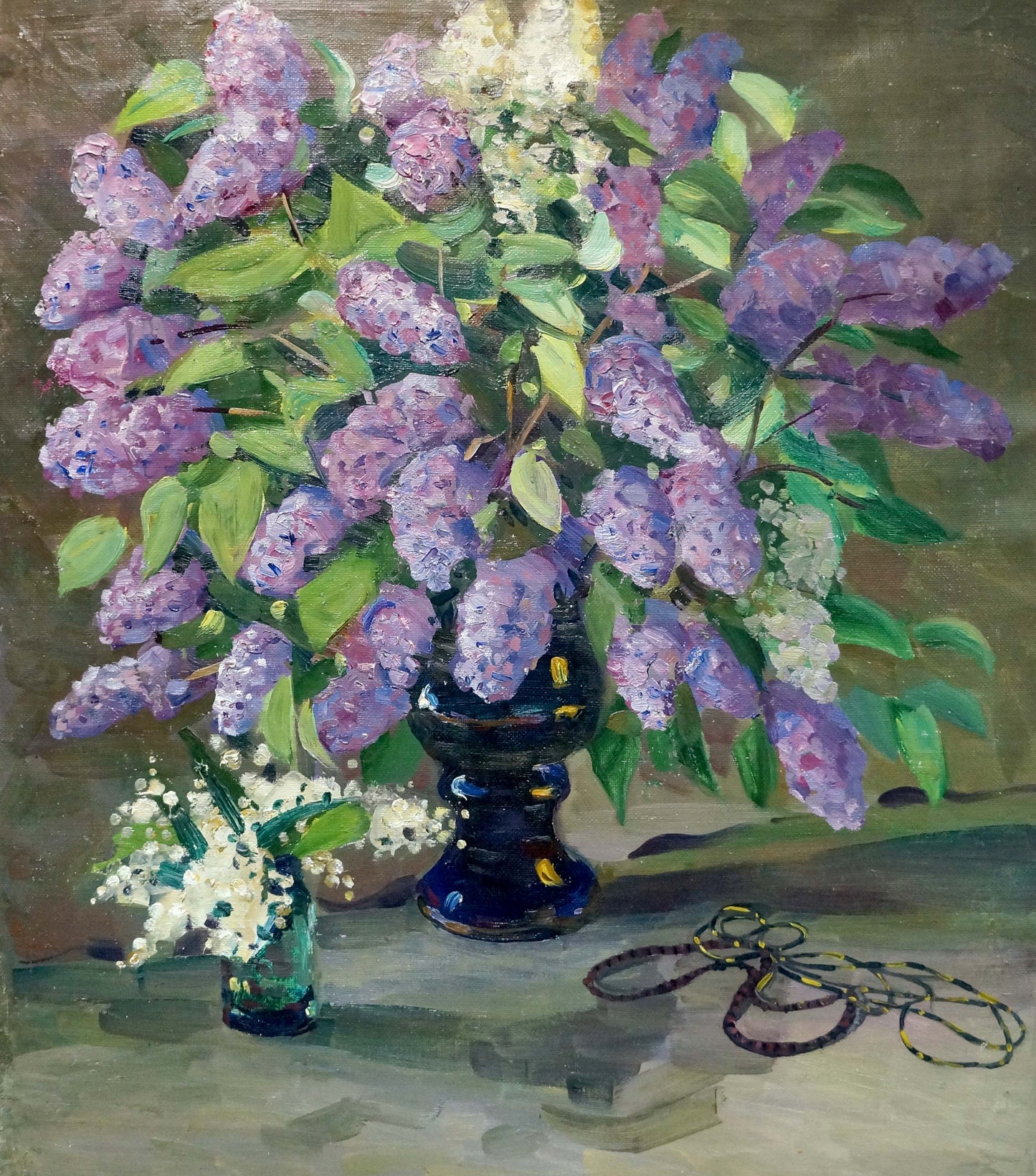 Oil painting of luxurious purple and white lilacs in ornate blue vase