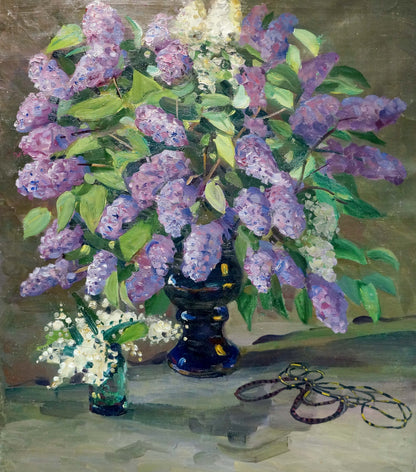 Oil painting of luxurious purple and white lilacs in ornate blue vase