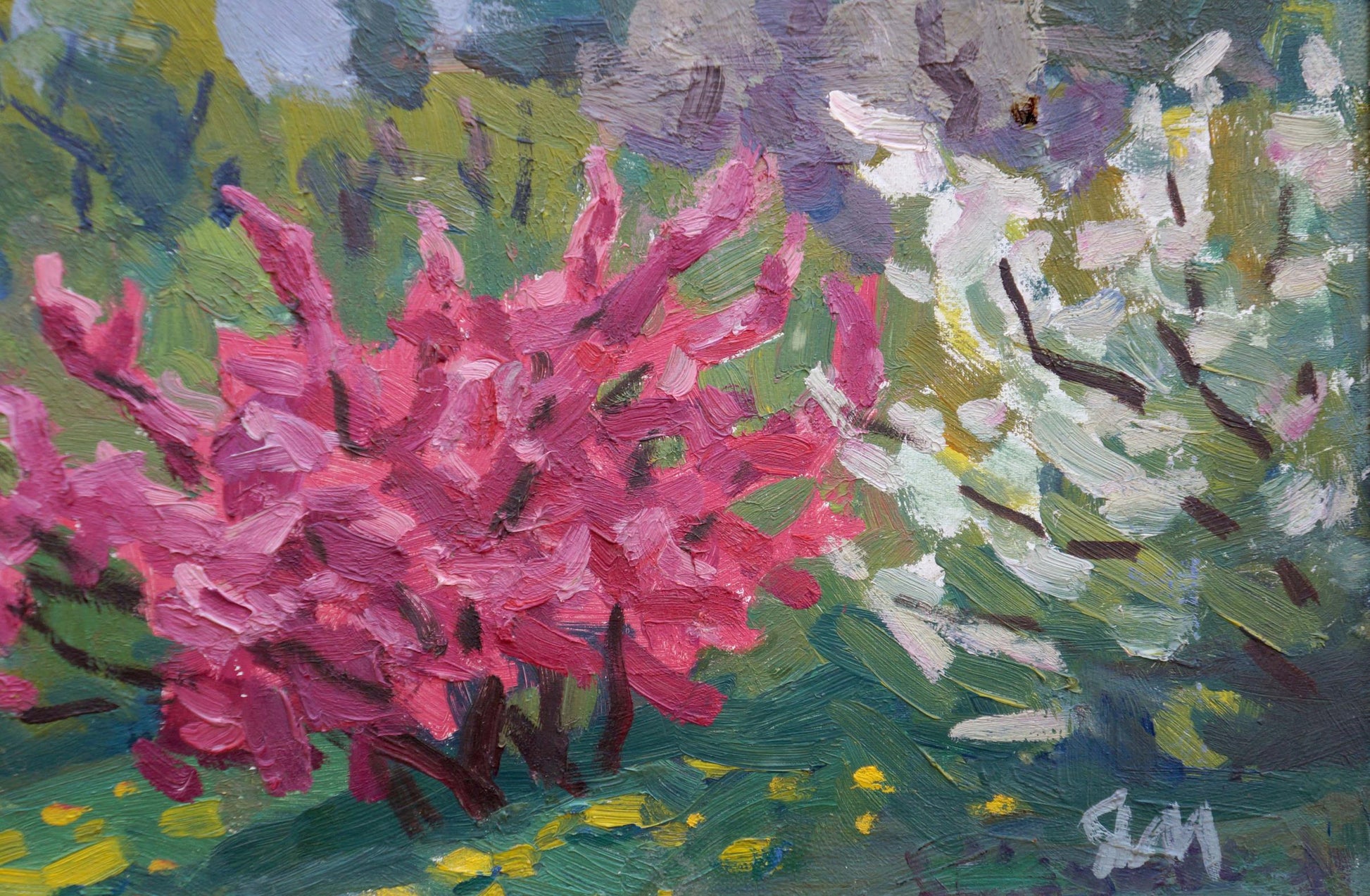 Vibrant pink flowering bush oil painting by Matsievskaya Yadviga Aleksandrovna