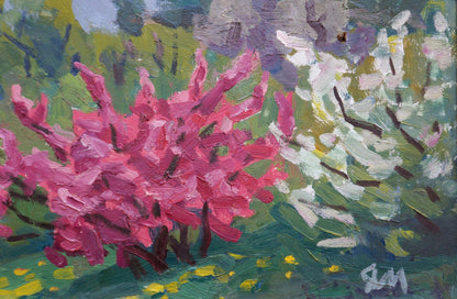 Vibrant pink flowering bush oil painting by Matsievskaya Yadviga Aleksandrovna