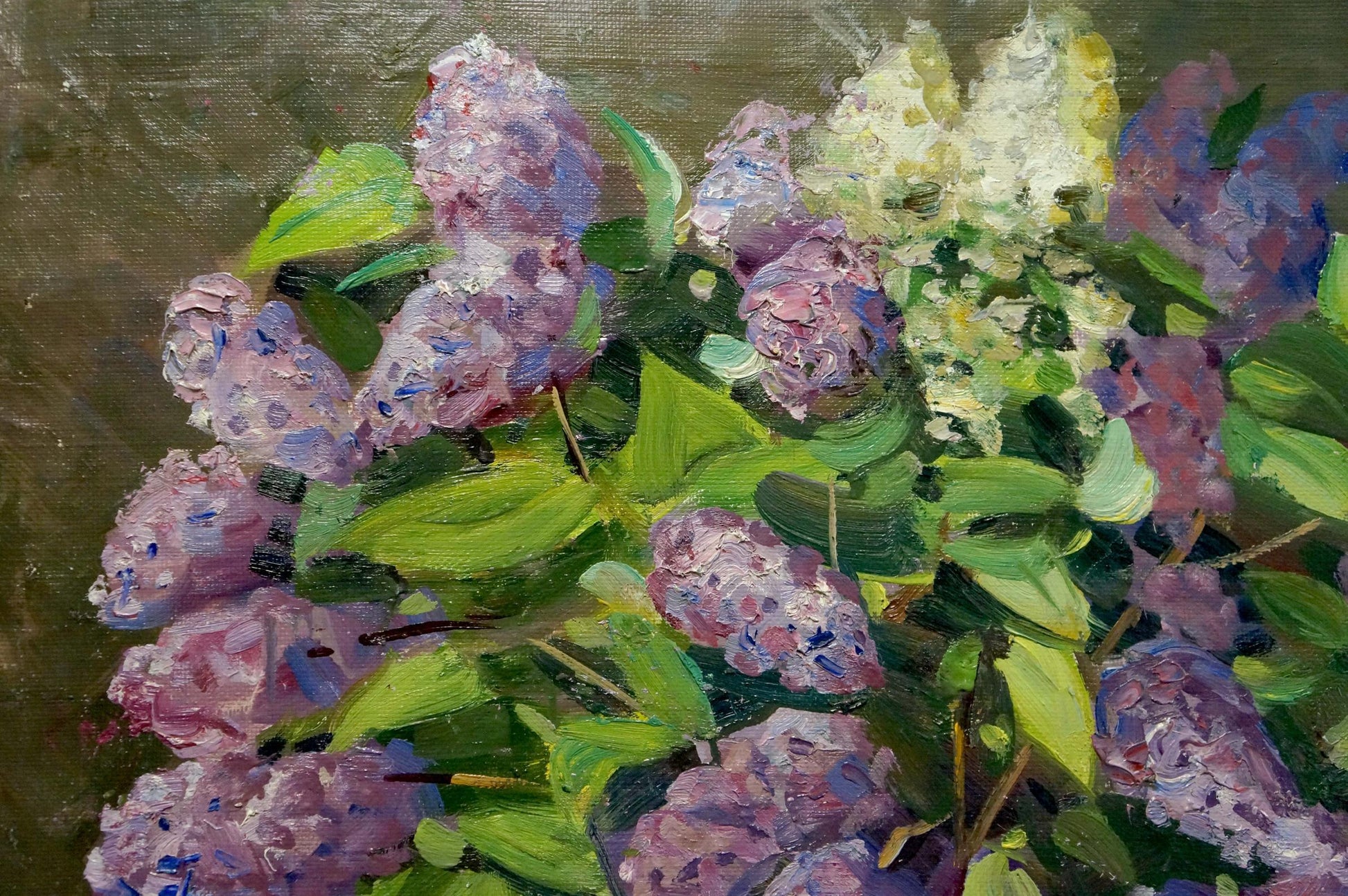 Oil painting of luxurious lilac blossoms in vase on textured canvas