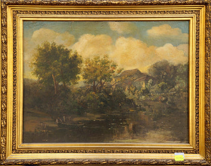 Oil painting Swamps: ornate gold-framed riverside landscape with trees and house