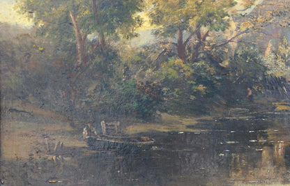 Serene oil painting of rustic rowboat on calm swamp water amid lush trees