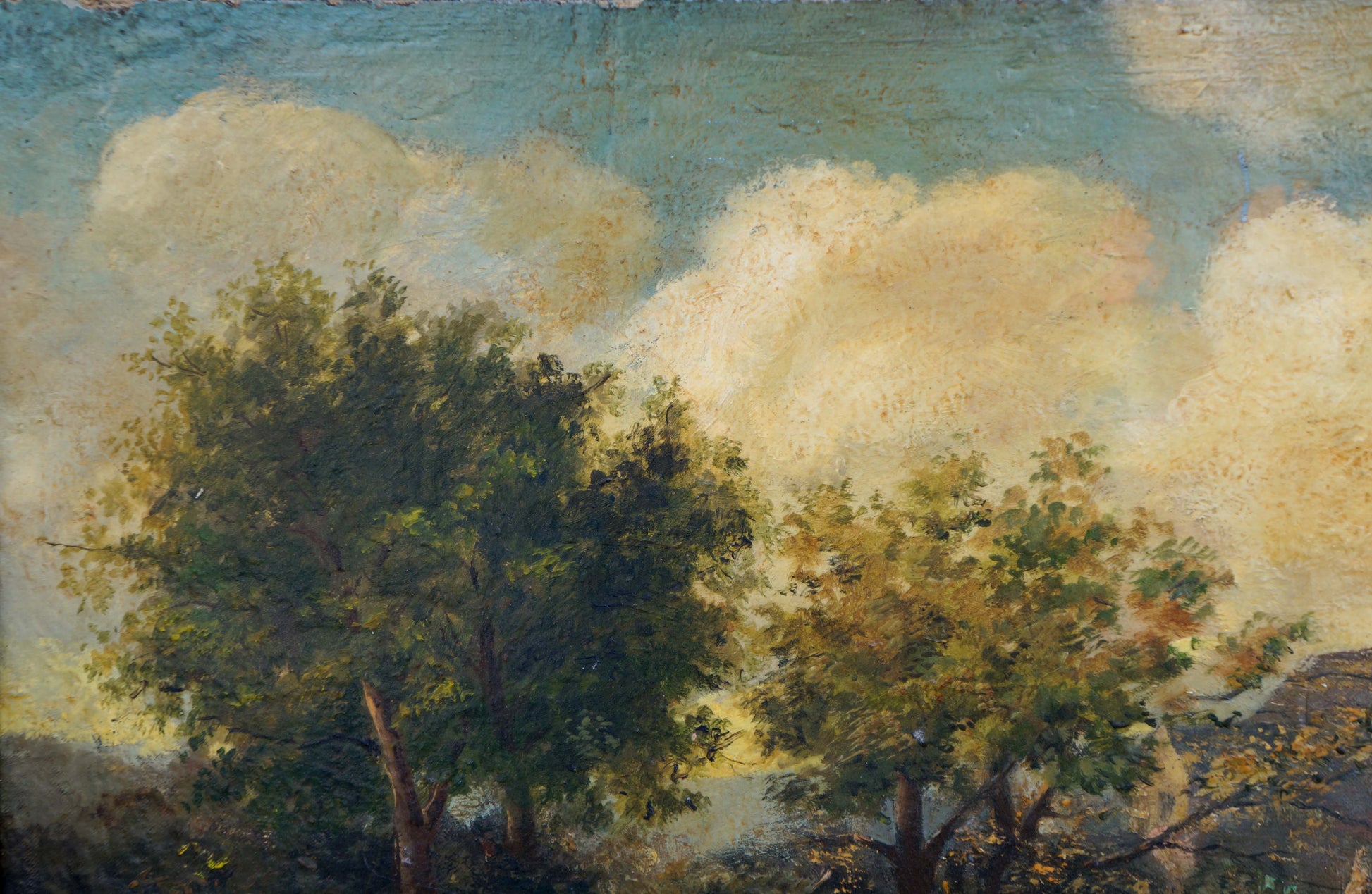 Oil painting of swamps: lush green trees under blue sky with clouds