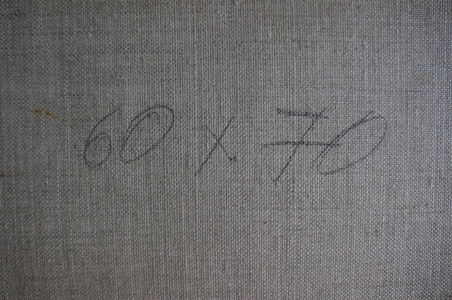 Back of Oil painting Luxurious lilac in a vase with handwritten 60 x 70 on gray fabric