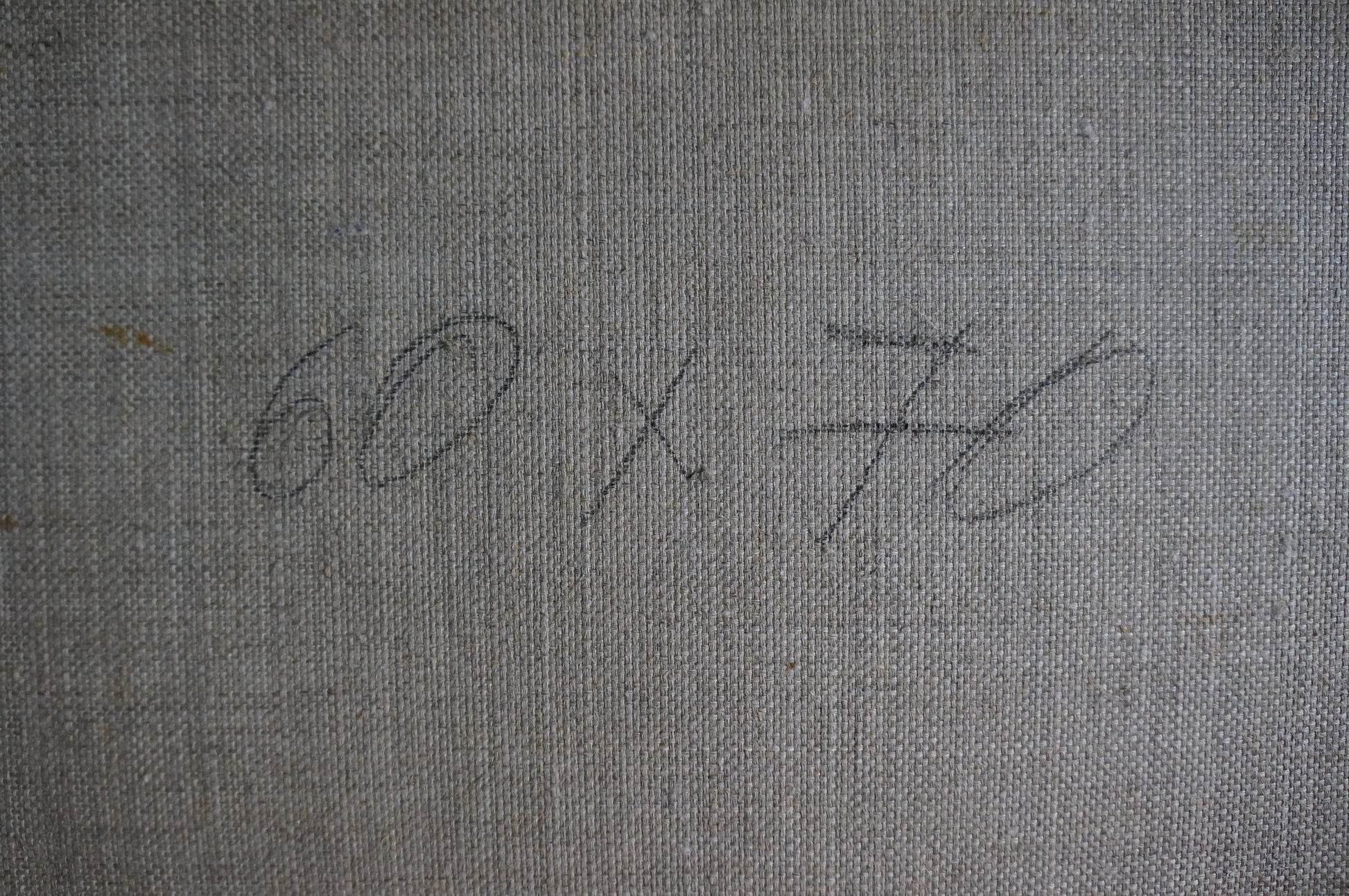 Back of Oil painting Luxurious lilac in a vase with handwritten 60 x 70 on gray fabric