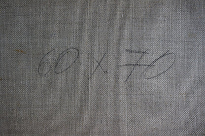 Back of Oil painting Luxurious lilac in a vase with handwritten 60 x 70 on gray fabric