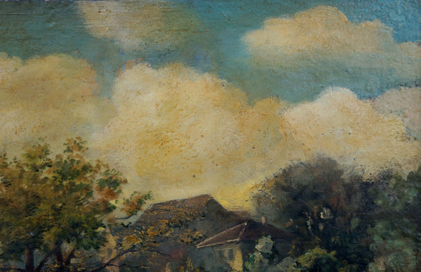 Oil painting Swamps: impressionistic yellow clouds over rooftops and trees