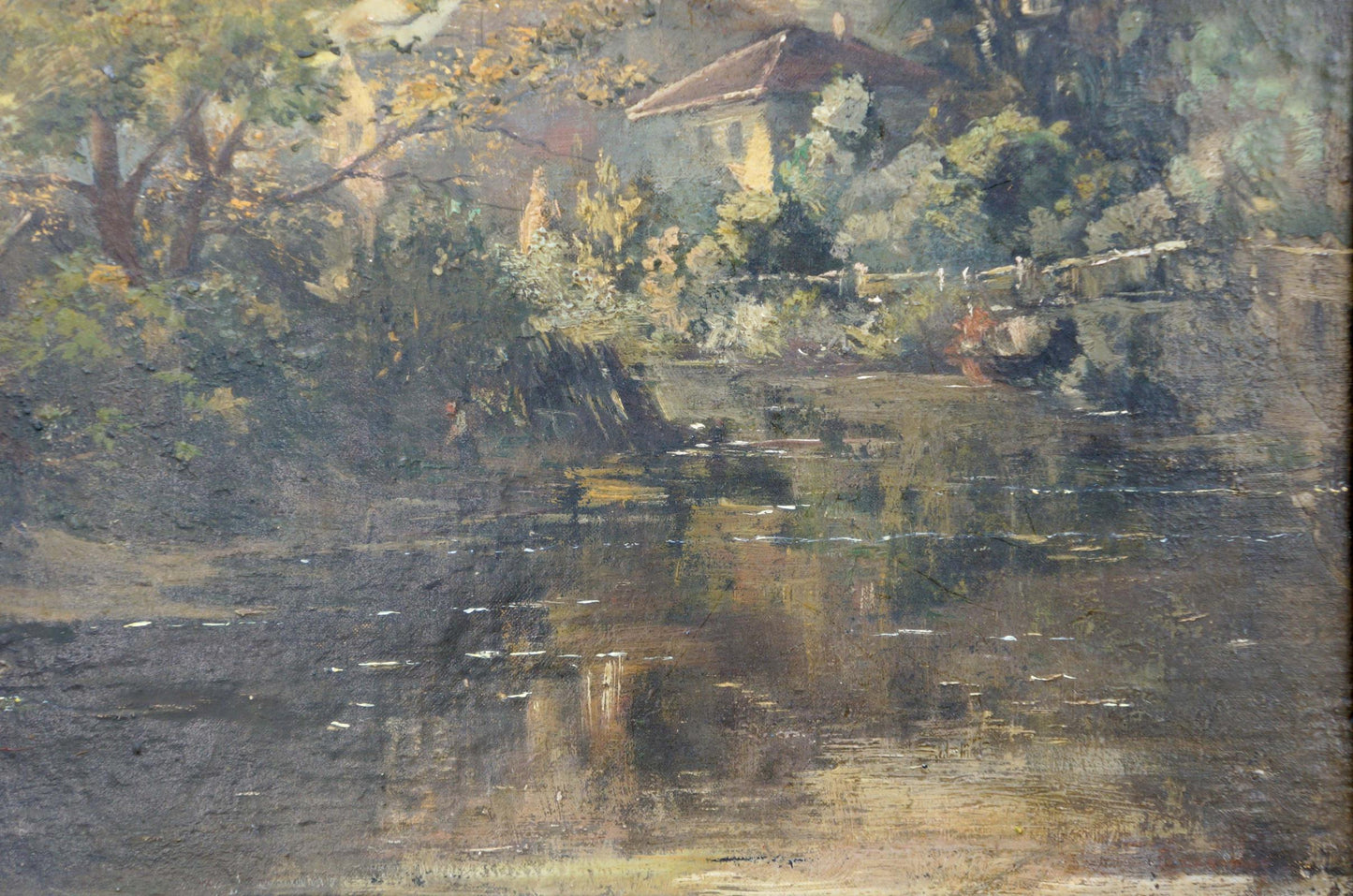 Impressionistic oil painting of swamp river scene with muted greens and browns