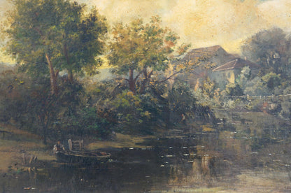 Serene oil painting of swamps river with lush trees, houses, boat