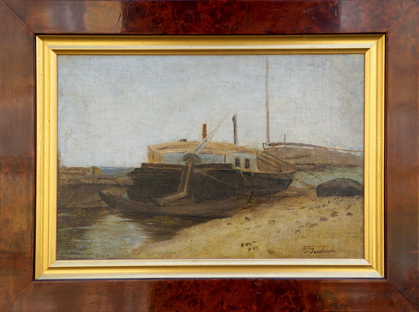 Oil painting of dark-hulled steamboat docked on sandy shore in gold frame