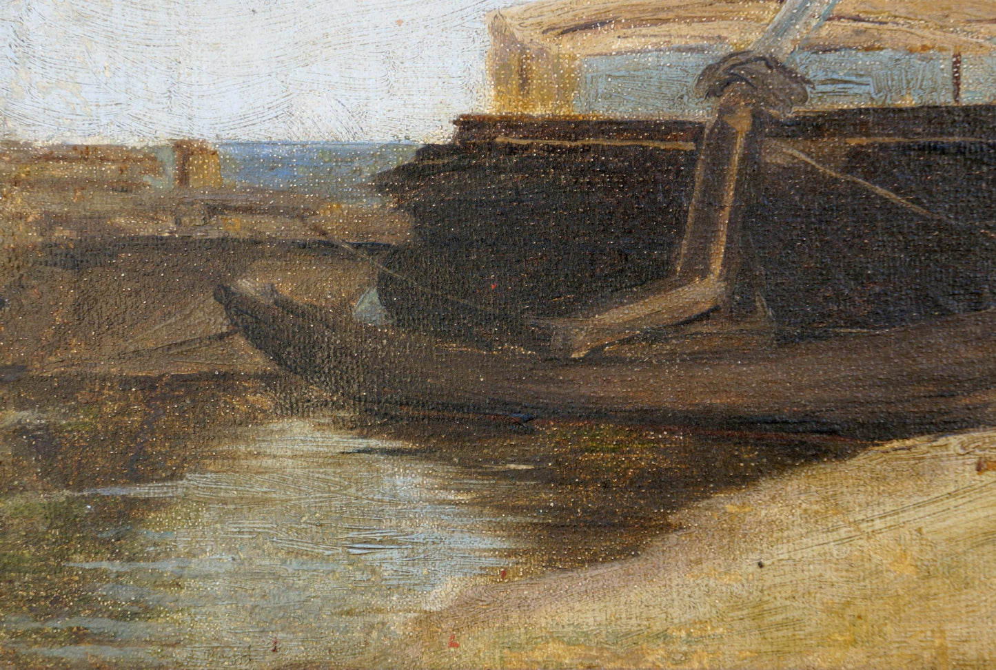 Oil painting of dark wooden ship docked on calm shore waters