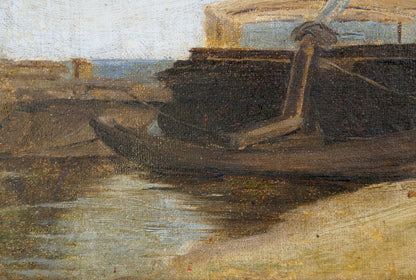 Oil painting of dark wooden ship docked on calm shore waters