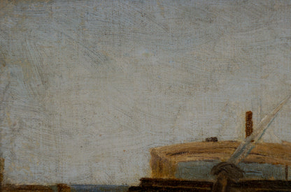 Oil painting of weathered wooden ship docked, faded blue hull and brown mast