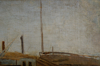 Muted oil painting of docked ship pole against overcast sky above rooftops