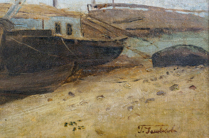 Oil painting of weathered dark-hulled ship docked on sandy shore under muted sky