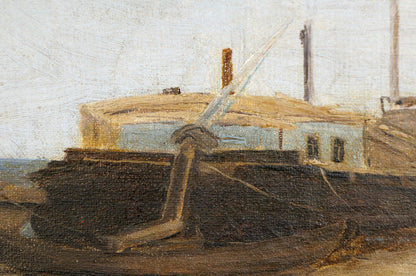 Weathered oil painting of dark-hulled ship docked with anchor on deck