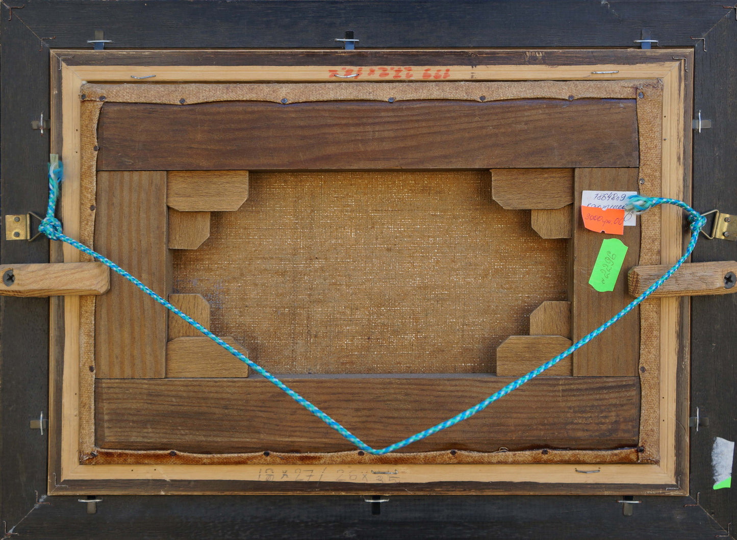 Back of Oil painting Ship docked with wooden frame and beige canvas