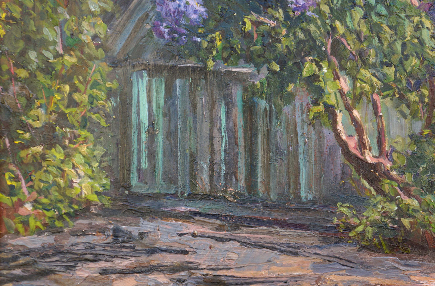Oil painting by Nagaevskaya Elena Varnavovna of weathered teal shed amid blooming vines