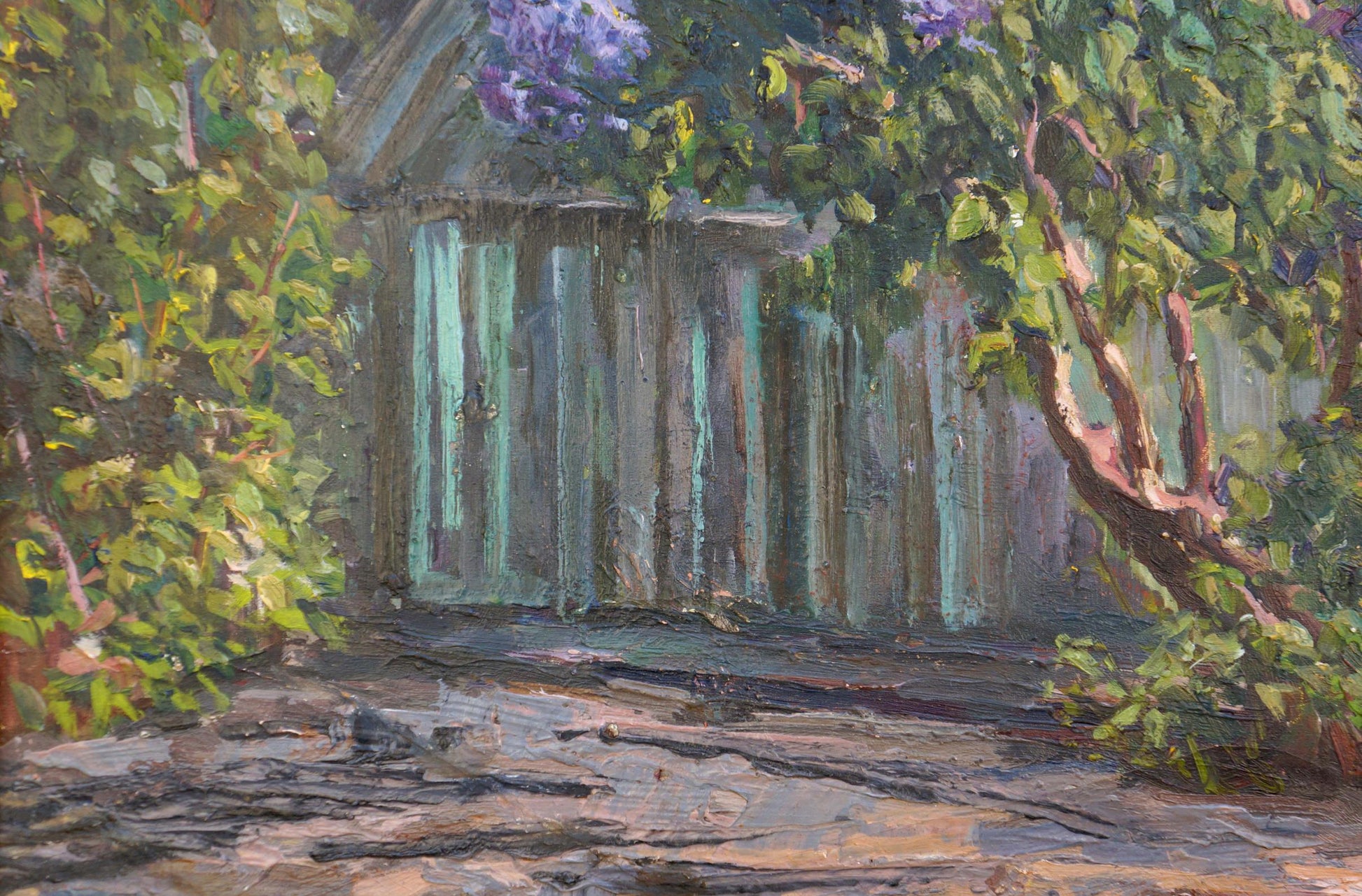 Oil painting by Nagaevskaya Elena Varnavovna of weathered teal shed amid blooming vines