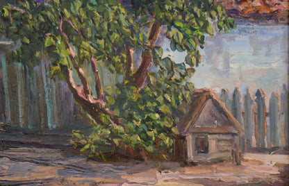 Oil painting of rustic wooden shed with thatched roof under blooming tree by Nagaevskaya Elena Varnavovna