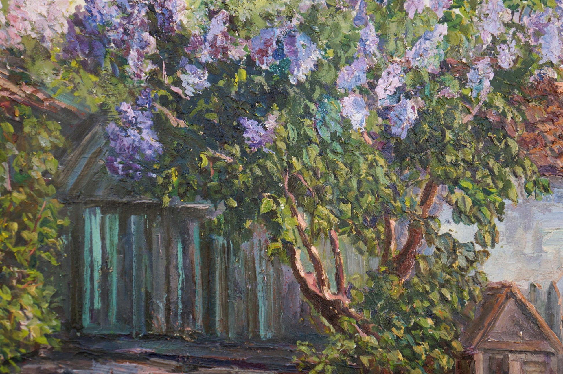 Oil painting by Nagaevskaya Elena Varnavovna of lilac bush over shed