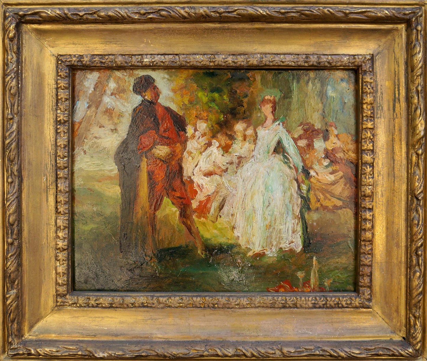 Antique gold-framed oil painting of noble people meeting outdoors