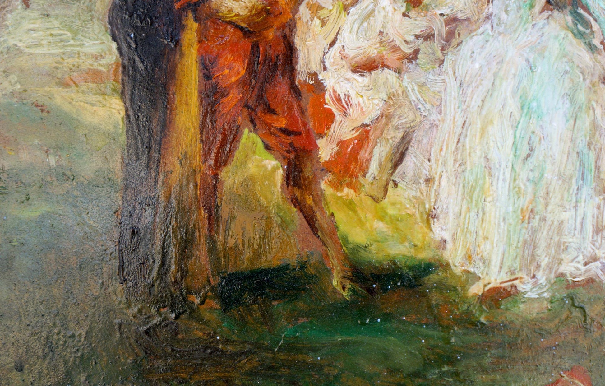 Oil painting Meeting of noble people: red-orange figure and white-draped noble