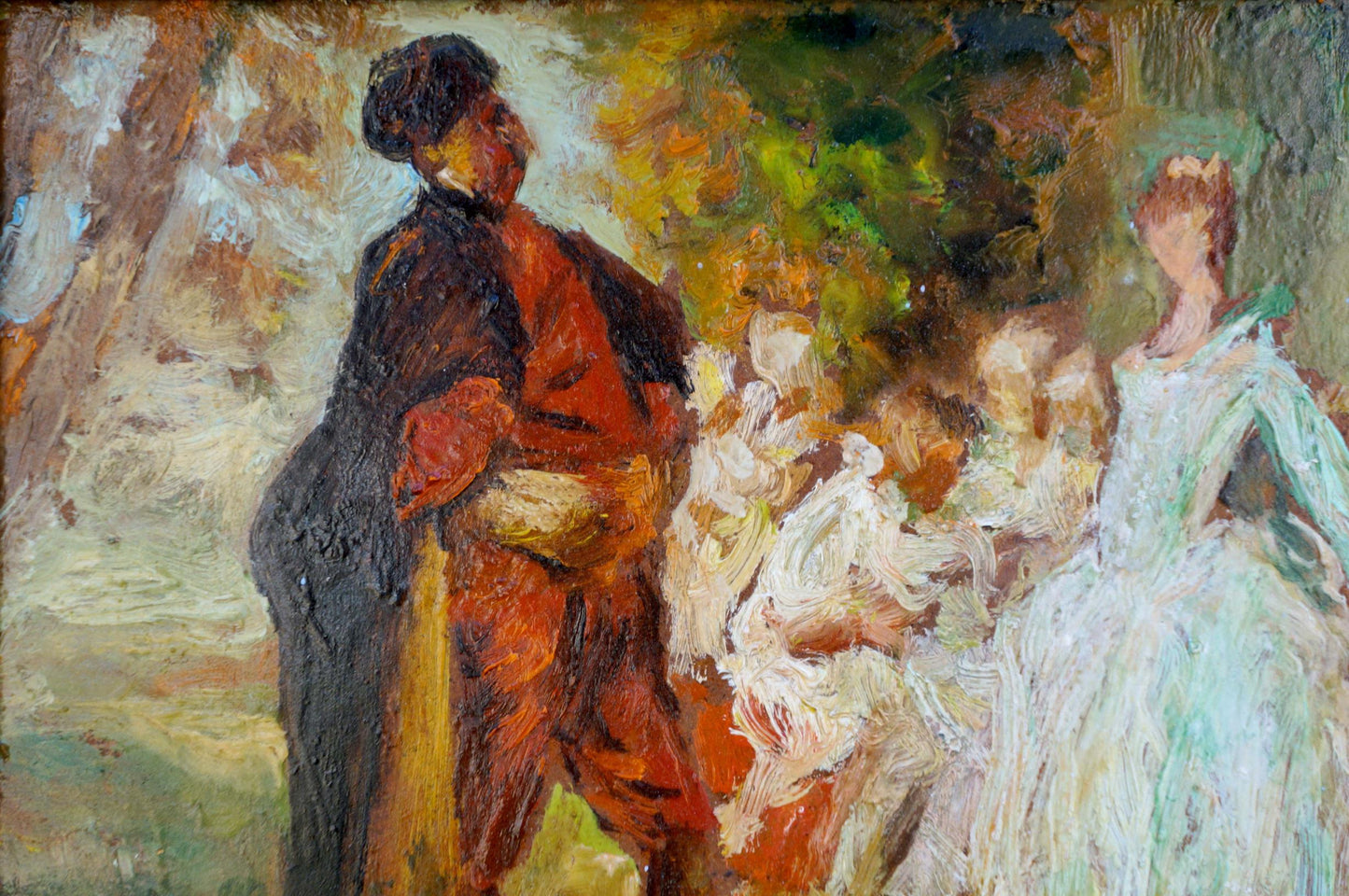 Impressionistic oil painting of noble man in dark coat and red vest with women in light dresses