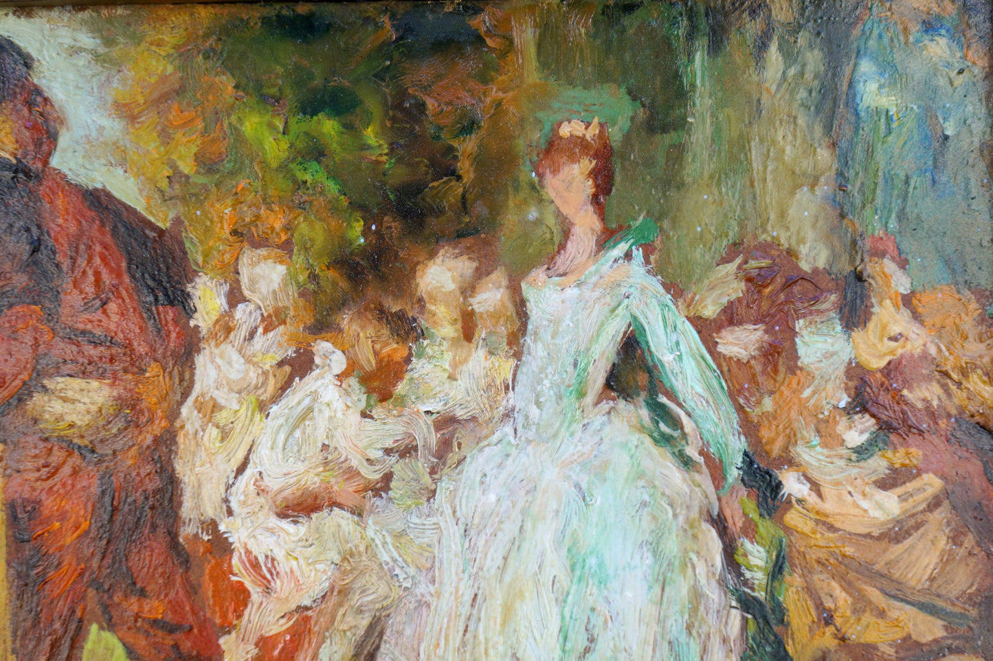Oil painting Meeting of noble people: woman in light green gown on impressionistic background