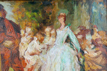 Oil painting Meeting of noble people: woman in light green gown on impressionistic background